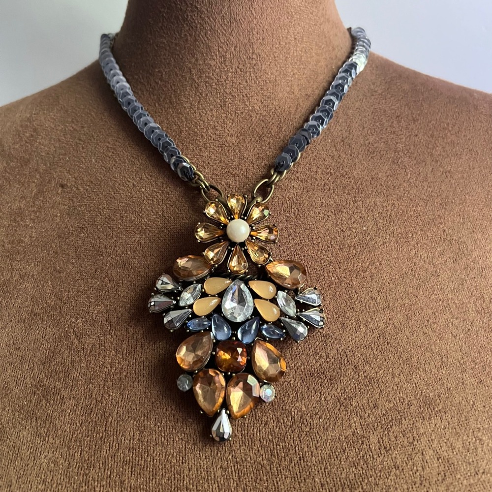 Vintage Style Amber Floral Statement Necklace Sequin Chain 16in Cottagecore